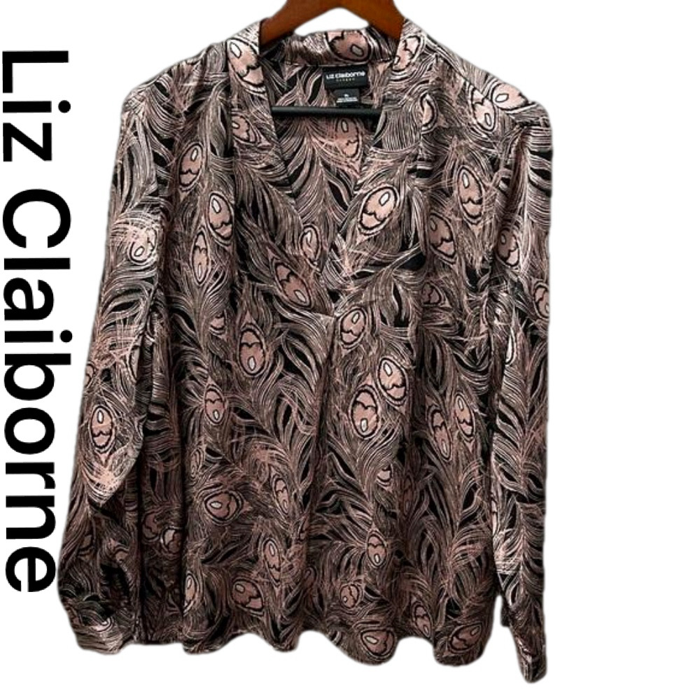 LIZ CLAIBORNE rose pink&black blouse peacock feather design size XL GUC…